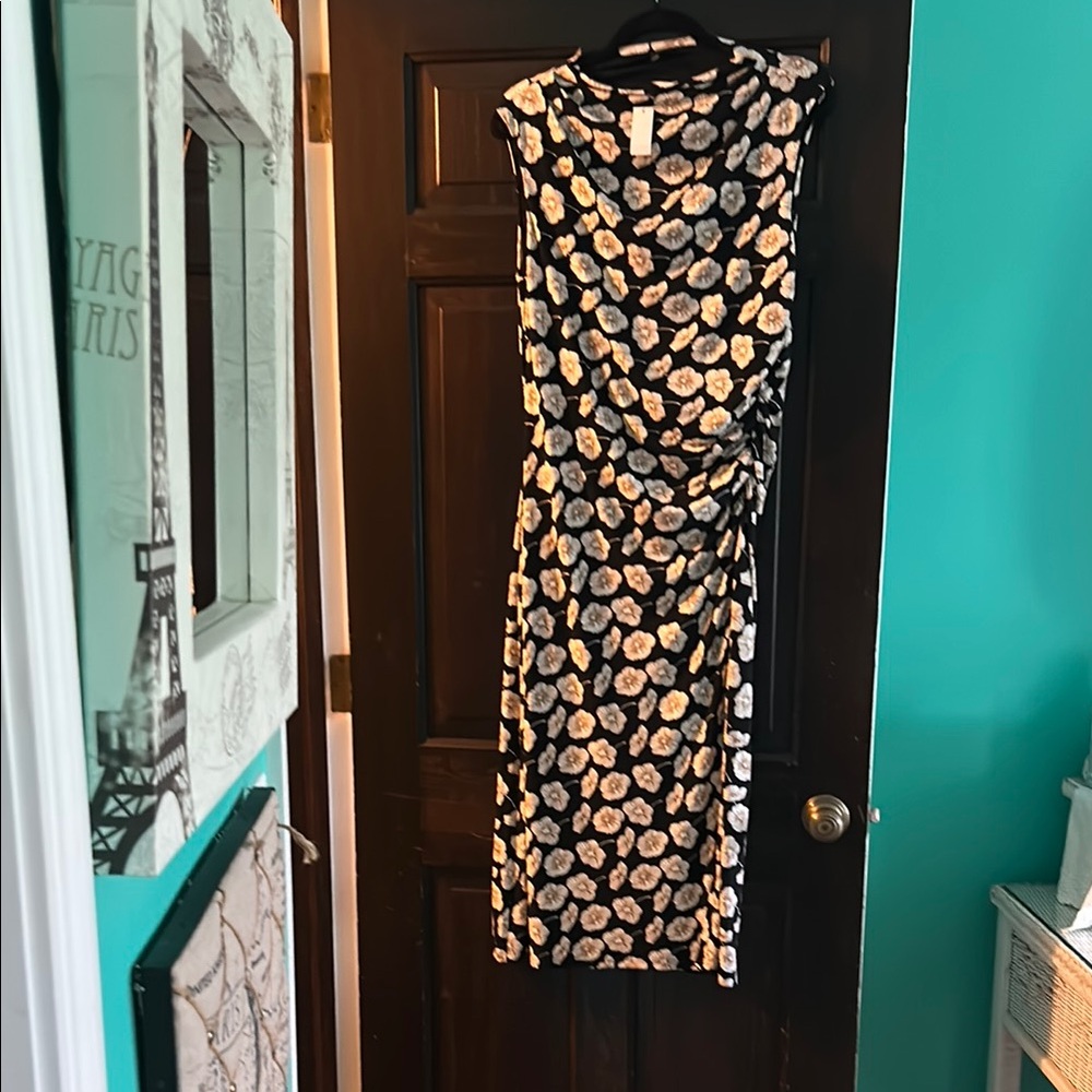 Talbots Black Dress with Cream Floral Design